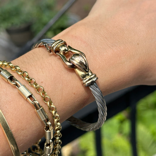 14KT Yellow Gold Sterling Silver Bangle Bracelet Cable Alwand Vahan Hook