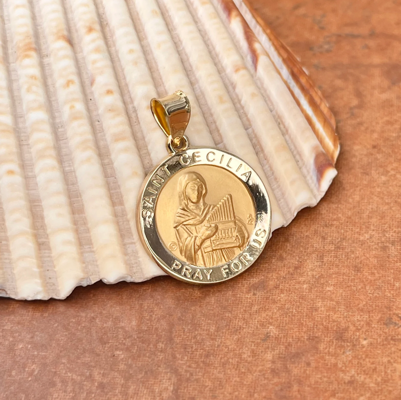 14KT Yellow Gold Satin St Cecilia Round Medal Pendant 19mm