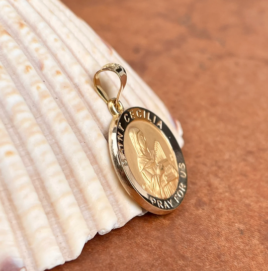 14KT Yellow Gold Satin St Cecilia Round Medal Pendant 19mm
