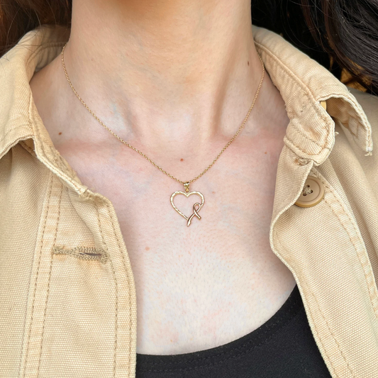 14KT Yellow Gold Heart + Breast Cancer Pink Ribbon Awareness Pendant