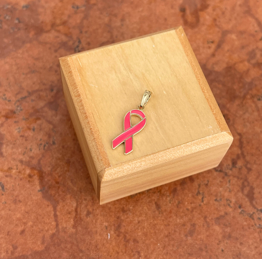 10KT Yellow Gold Pink Enamel Breast Cancer Awareness Ribbon Pendant Charm