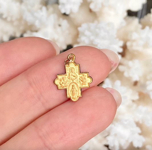 14KT Yellow Gold Satin Four Way Scapular Cross Medal Pendant