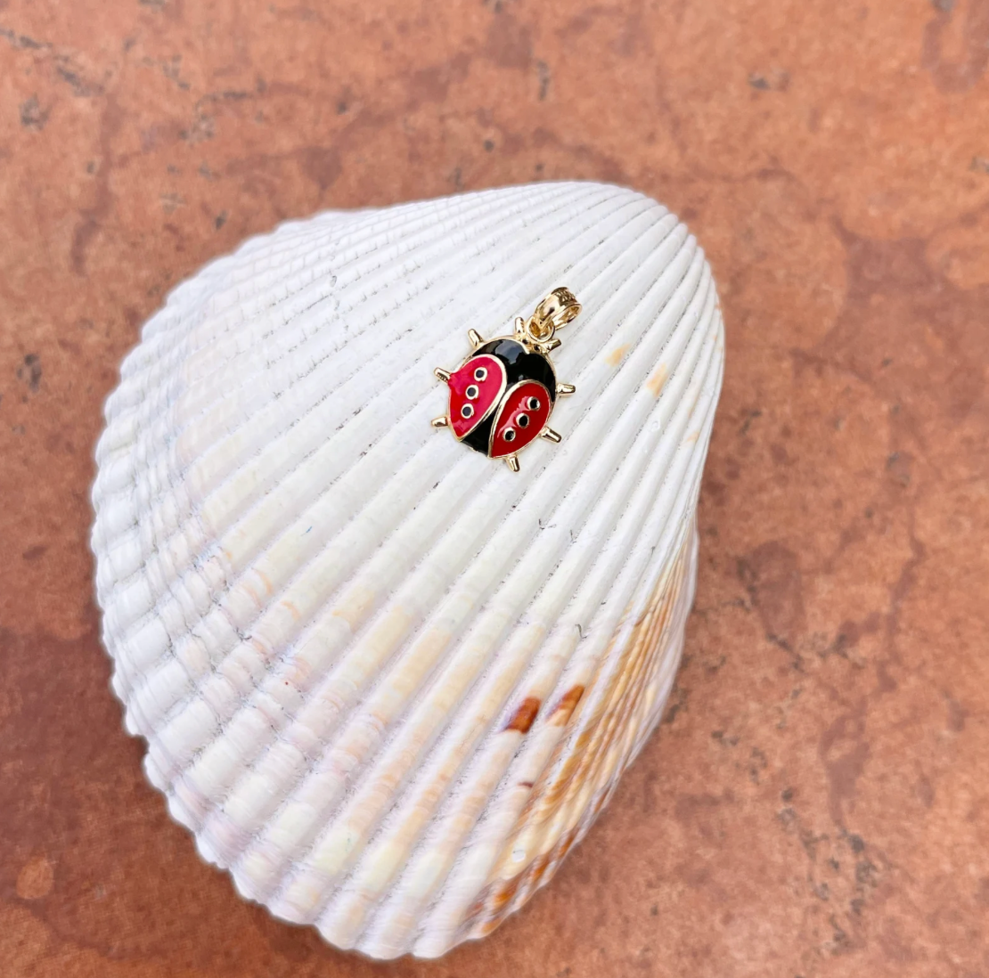 14KT Yellow Gold Red + Black Enamel Ladybug Pendant Charm