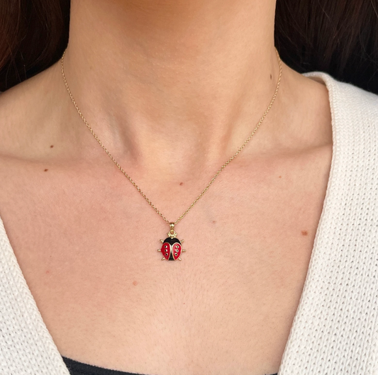 14KT Yellow Gold Red + Black Enamel Ladybug Pendant Charm