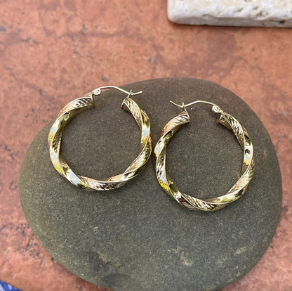 10KT Yellow Gold Twisted Textured Tube Round Hoop Earrings 30mm