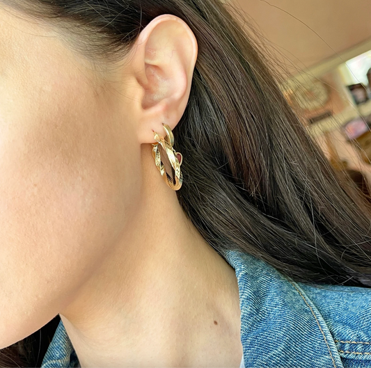 10KT Yellow Gold Twisted Textured Tube Round Hoop Earrings 30mm