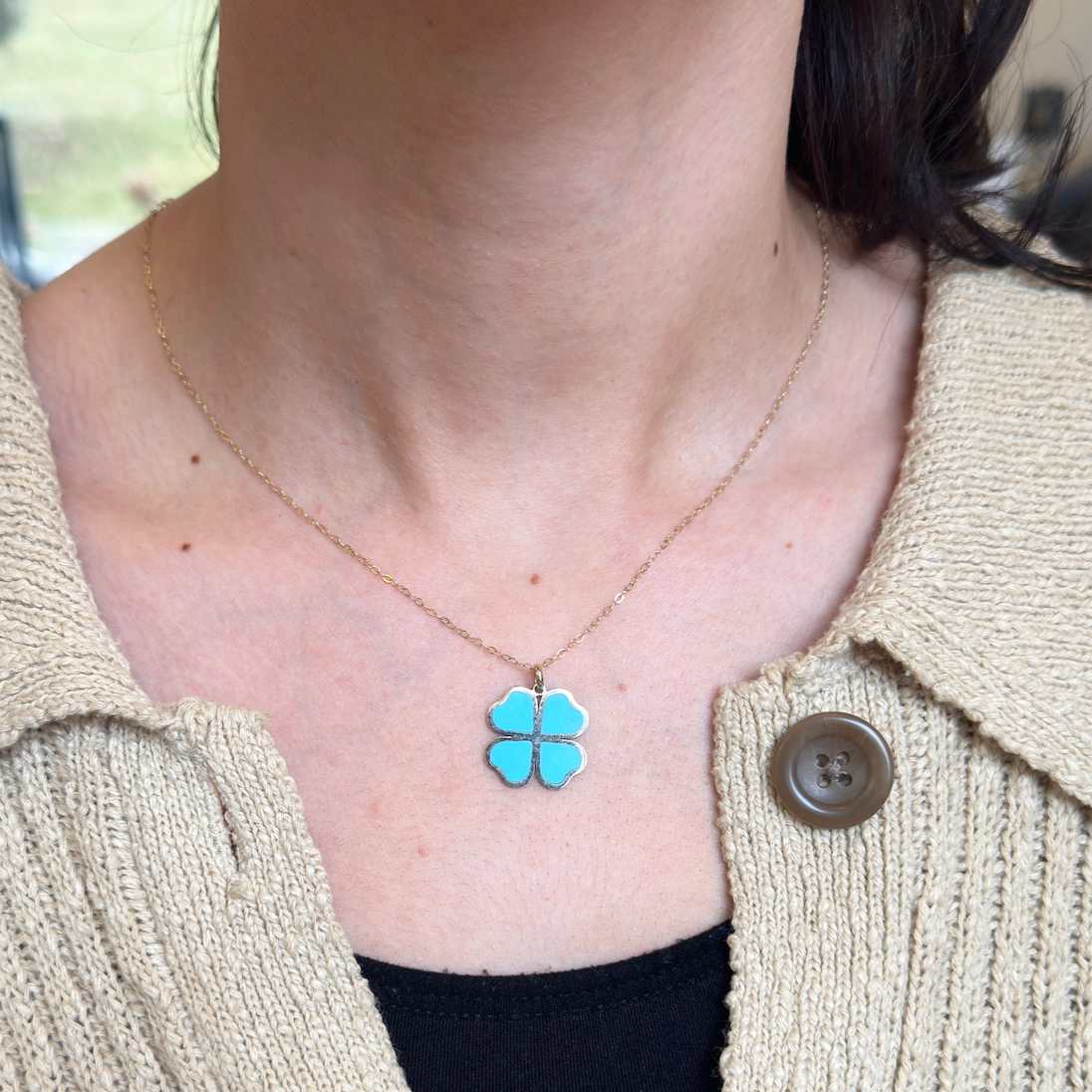 14KT Yellow Gold Turquoise 4-Leaf Clover Pendant Charm