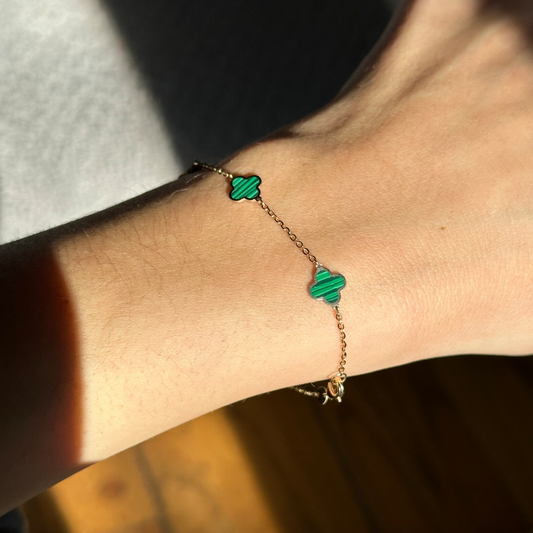 14KT Yellow Gold 7mm Malachite 4 Leaf Clover Charm Chain Bracelet