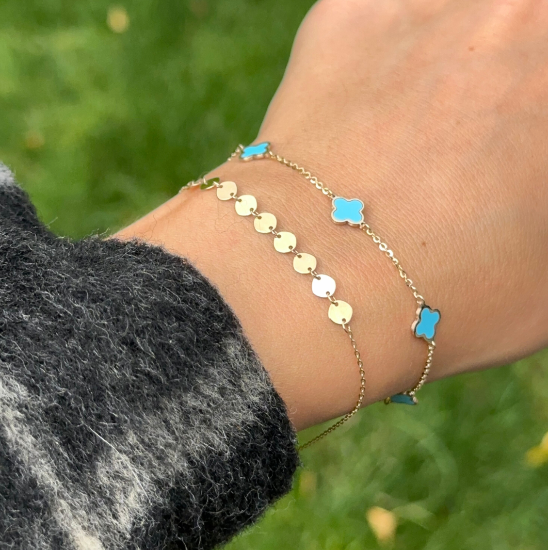 14KT Yellow Gold Turquoise 7mm Clover Station Chain Bracelet