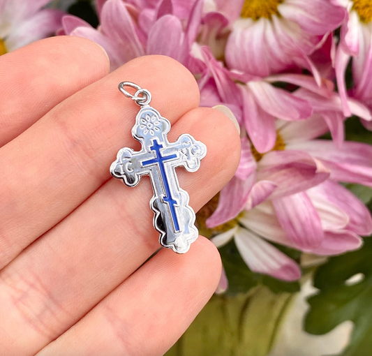 Sterling Silver Blue Enamel Eastern Orthodox Cross Pendant - LSJ