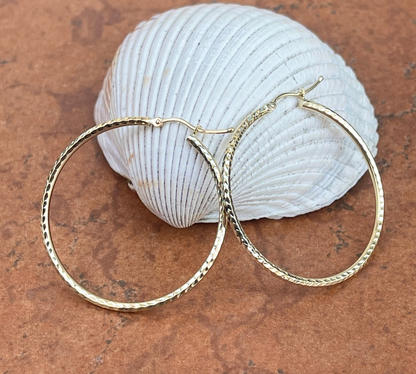 14KT Yellow Gold Diamond-Cut Round Hoop Earrings 40mm