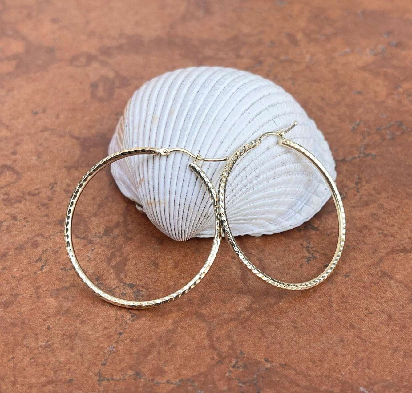 14KT Yellow Gold Diamond-Cut Round Hoop Earrings 40mm