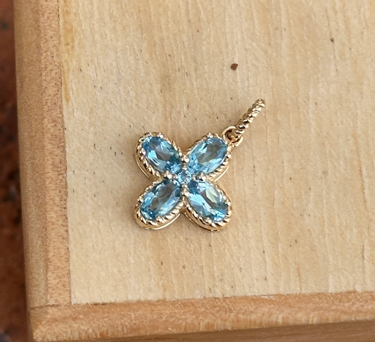 14KT Yellow Gold Oval Blue Topaz Cross Flower Pendant