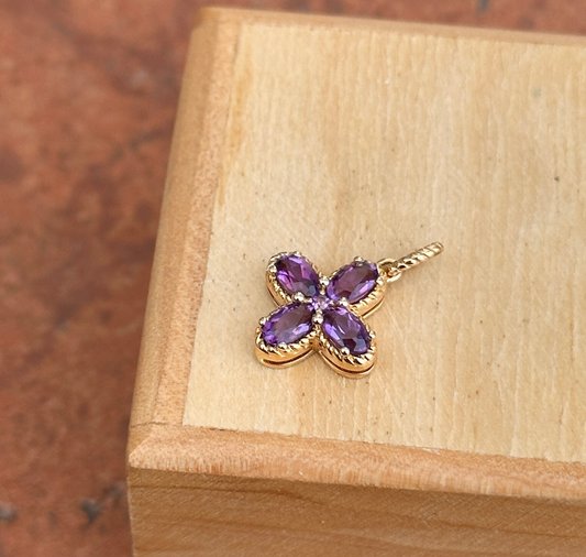14KT Yellow Gold Oval Purple Amethyst Cross Flower Pendant
