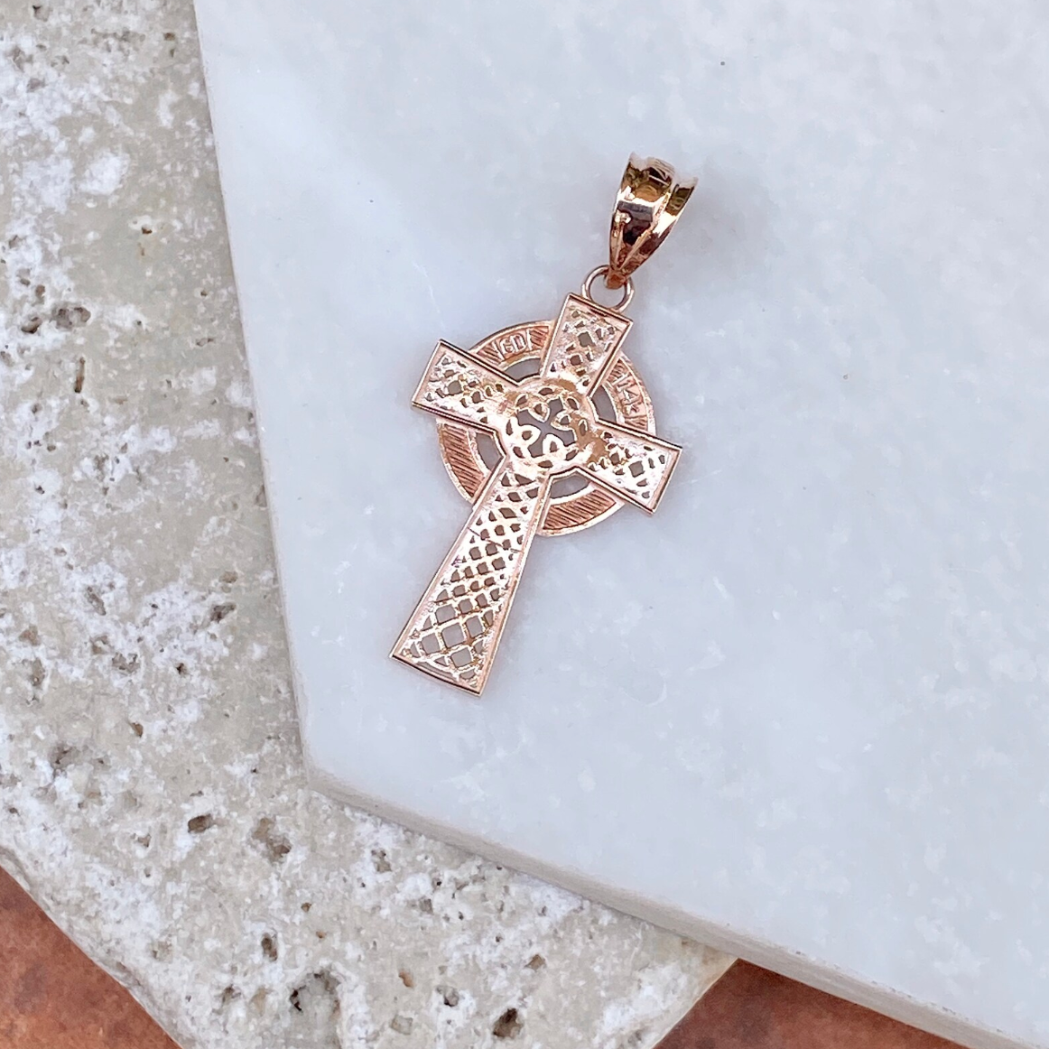 14KT Rose Gold Celtic Eternity Knot Cross Pendant
