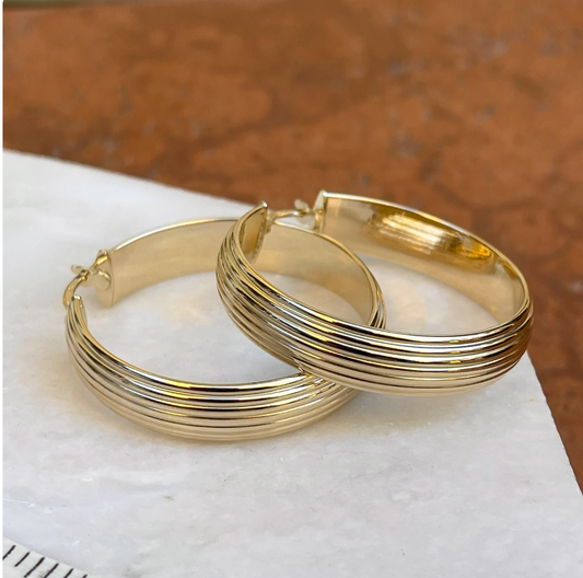 14KT Yellow Gold Ribbed Design Round Hoop Earrings 35mm