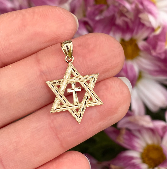 14KT Yellow Gold Diamond-Cut Cross Star of David Pendant
