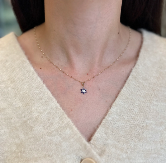 14KT Yellow Gold Mini Blue Enamel Star of David Pendant Charm