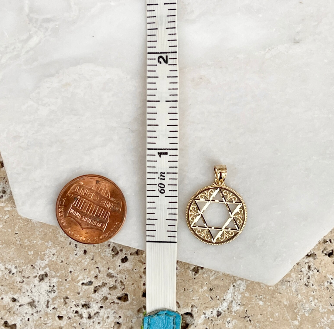14KT Yellow Gold Diamond-Cut Filigree Star of David Round Pendant Charm