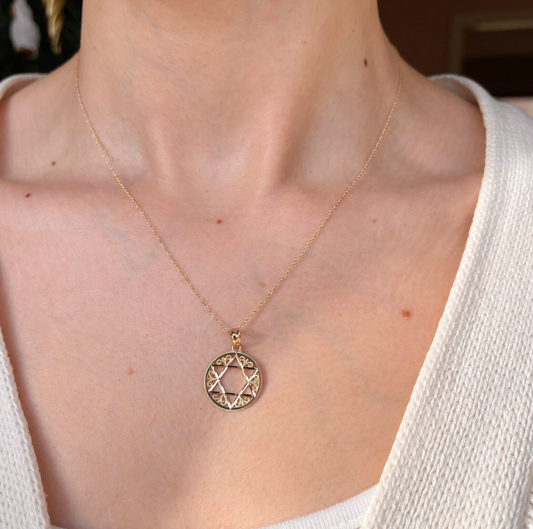 14KT Yellow Gold Diamond-Cut Filigree Star of David Round Pendant Charm