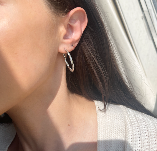 14KT White Gold Twisted Satin Hoop Earrings 30mm