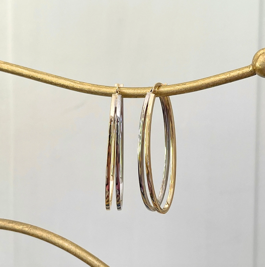 14KT Yellow Gold + White Gold Oval Double Wire Hoop Earrings