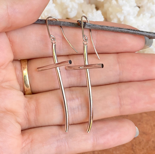 14KT White Gold Curved Cross Dangle Earrings