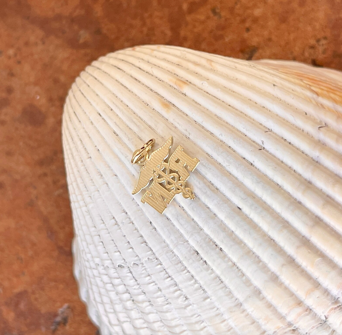 14KT Yellow Gold Diamond-Cut RN Caduceus Small Pendant Charm