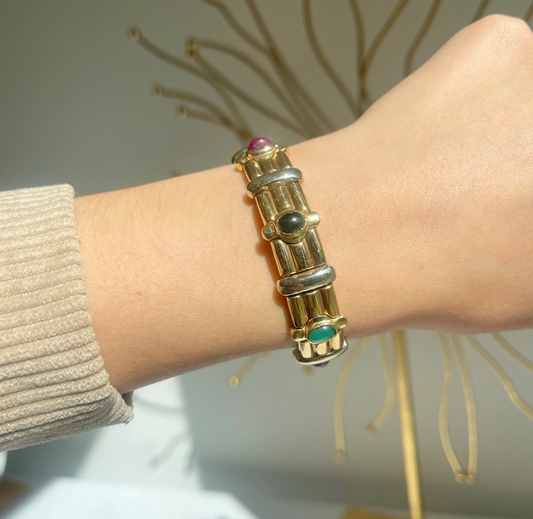 Estate 14KT Yellow Gold + White Gold Cabochon Gemstone Cuff Bracelet