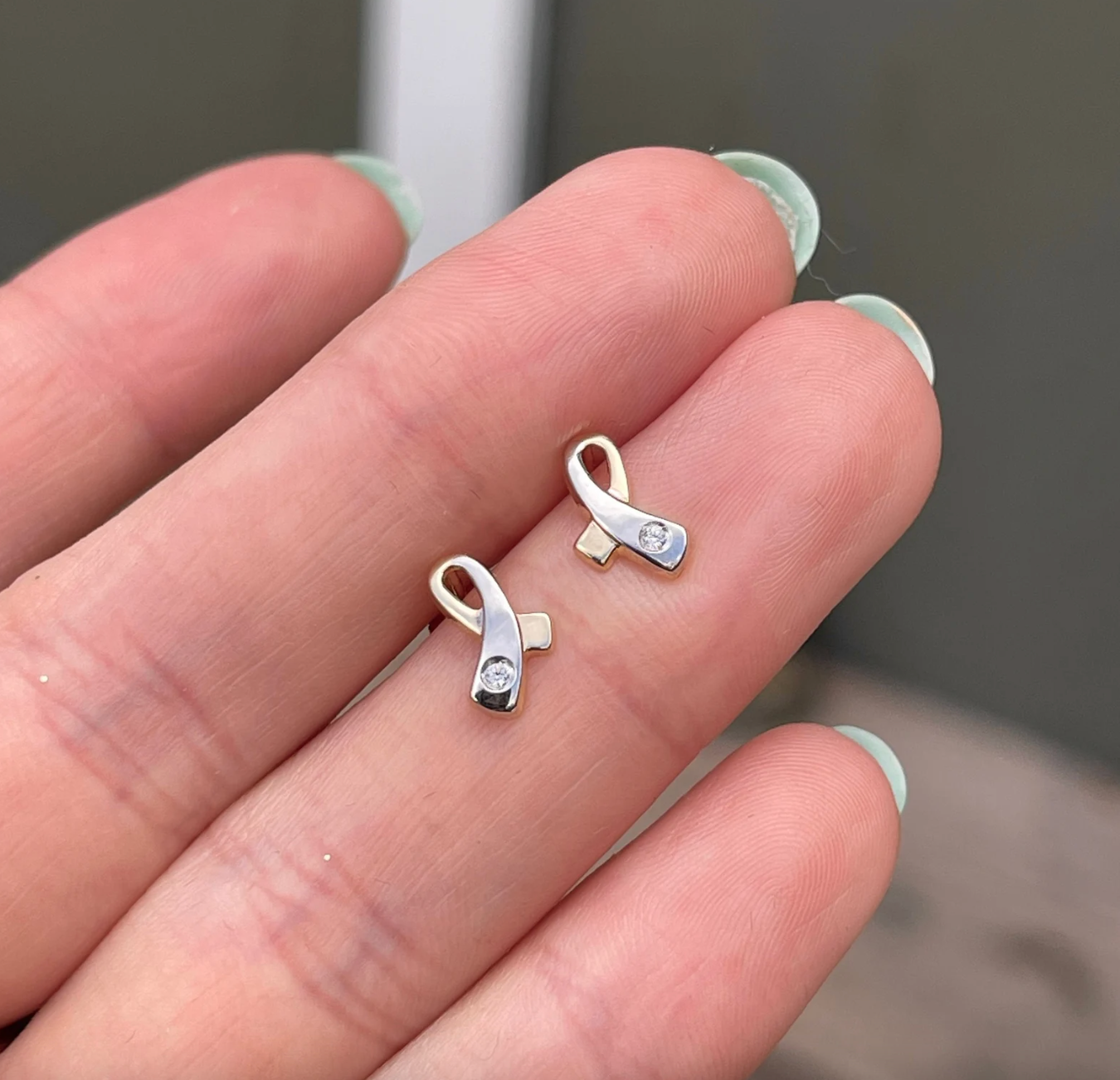 14KT Yellow Gold Two-Tone Cancer Awareness Ribbon CZ Stud Earrings