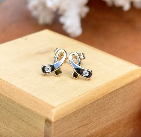 14KT Yellow Gold Two-Tone Cancer Awareness Ribbon CZ Stud Earrings