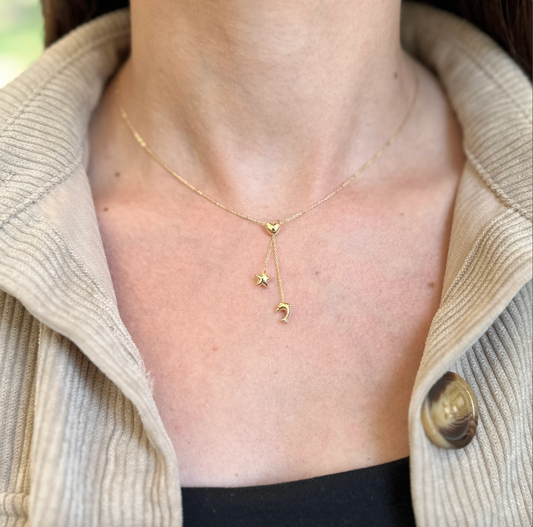 14KT Yellow Gold Heart, Star, Dolphin Charm Lariat Necklace