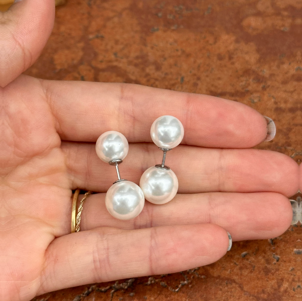 Sterling Silver Double Imitation White Pearl Stud Earrings