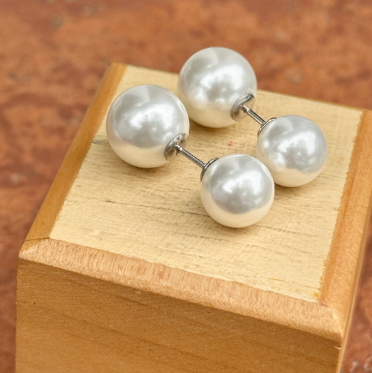 Sterling Silver Double Imitation White Pearl Stud Earrings