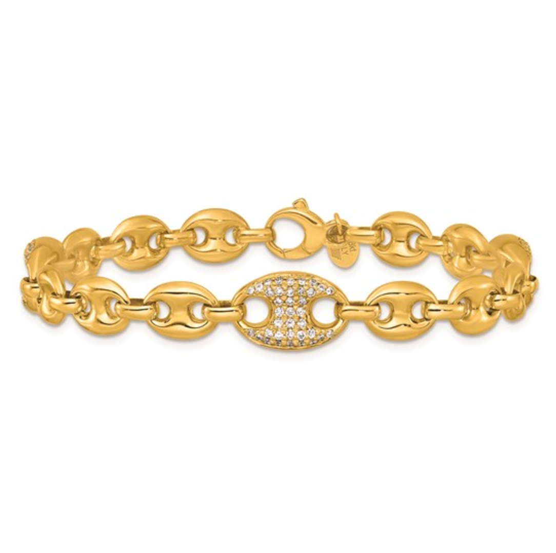18KT Yellow Golf Puffed Pave Diamond Anchor Mariner Chain Bracelet - LSJ