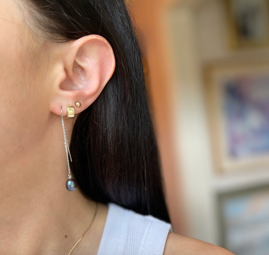 14KT White Gold Black Freshwater Pearl Chain Threader Earrings