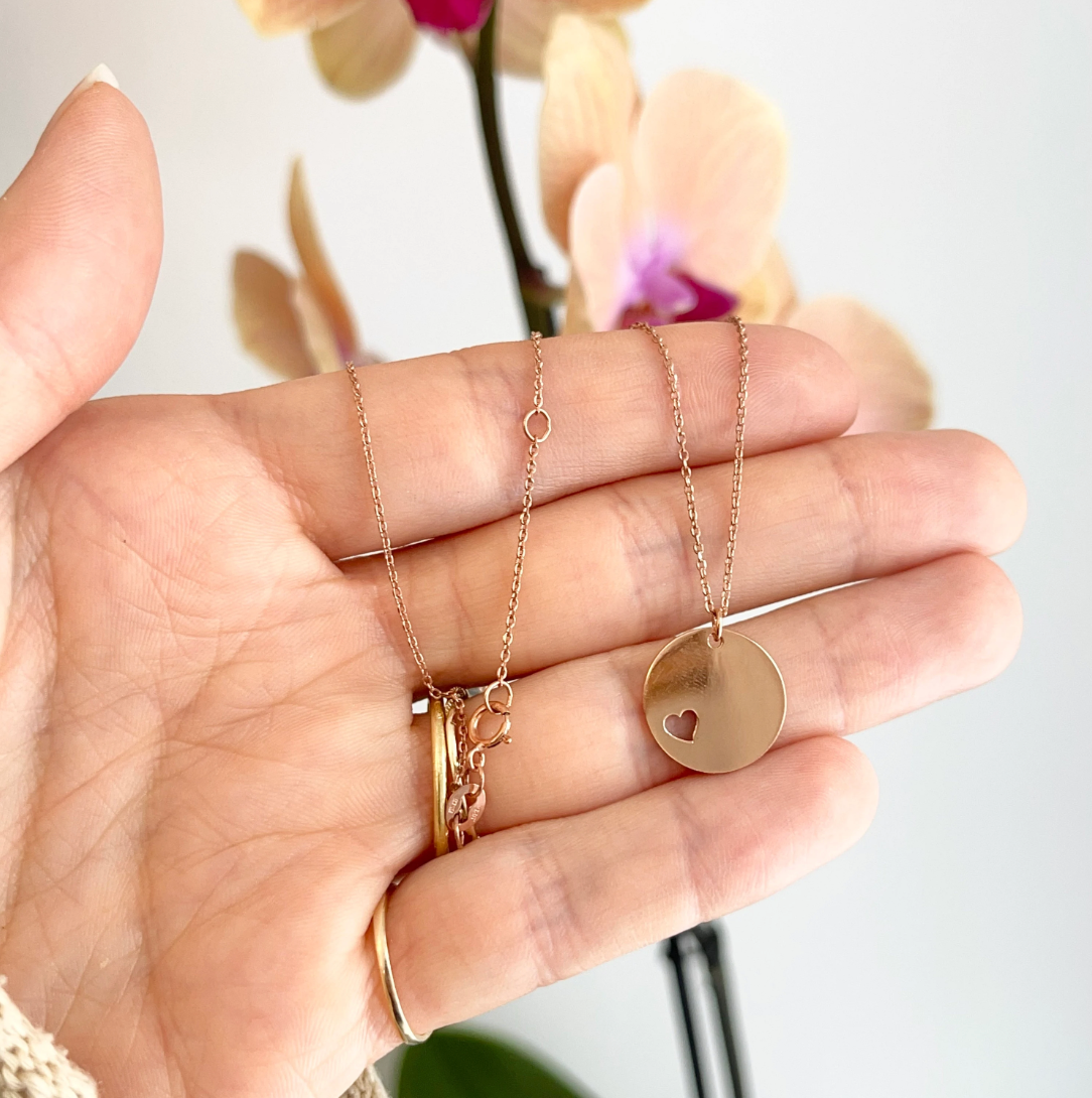 18KT Rose Gold-Plated Silver Heart Disc Necklace