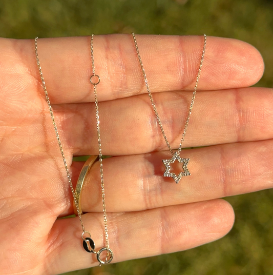 14KT Yellow Gold Small Pave Diamond Star of David Pendant Necklace