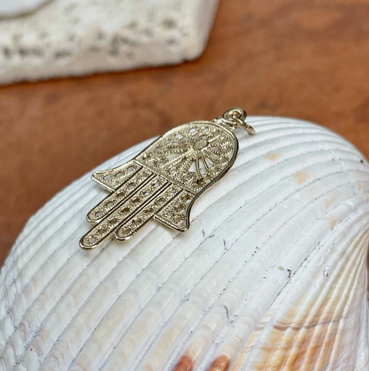 14KT Yellow Gold Filigree Hamsa Chamseh Hand of God Pendant 33mm