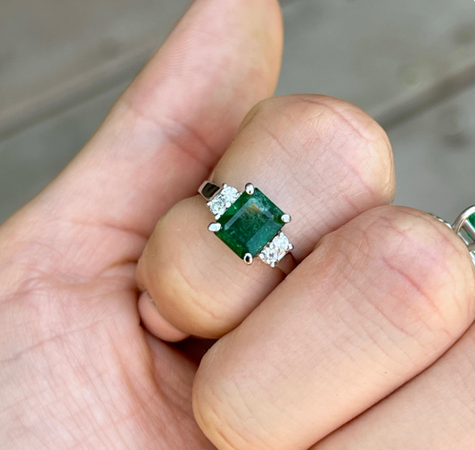 Estate 14KT White Gold Large Emerald-Cut Emerald + Diamond Accent Ring