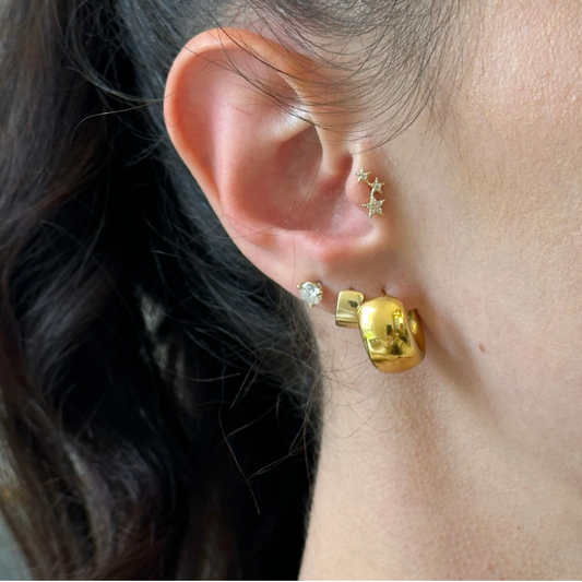 14KT Yellow Gold Cubic Zirconia 3 Star Flat Back Stud Earring