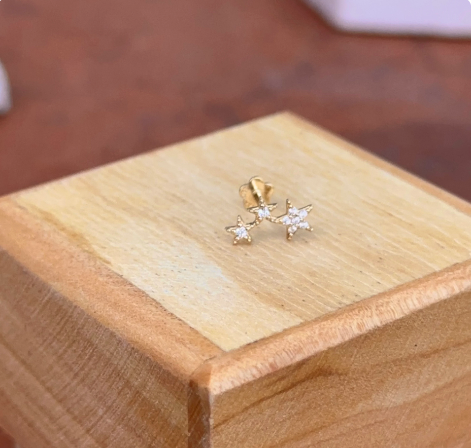 14KT Yellow Gold Cubic Zirconia 3 Star Flat Back Stud Earring