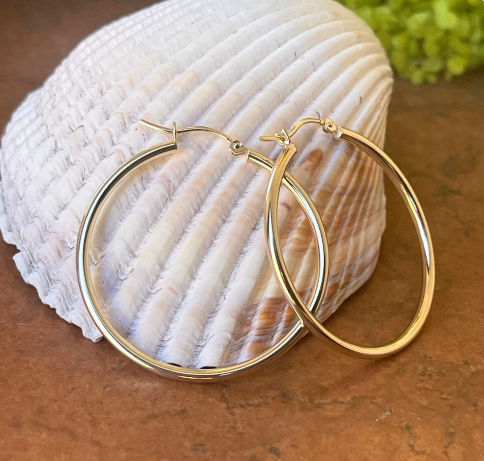 10KT Yellow Gold 2mm Tube Hoop Earrings 36mm