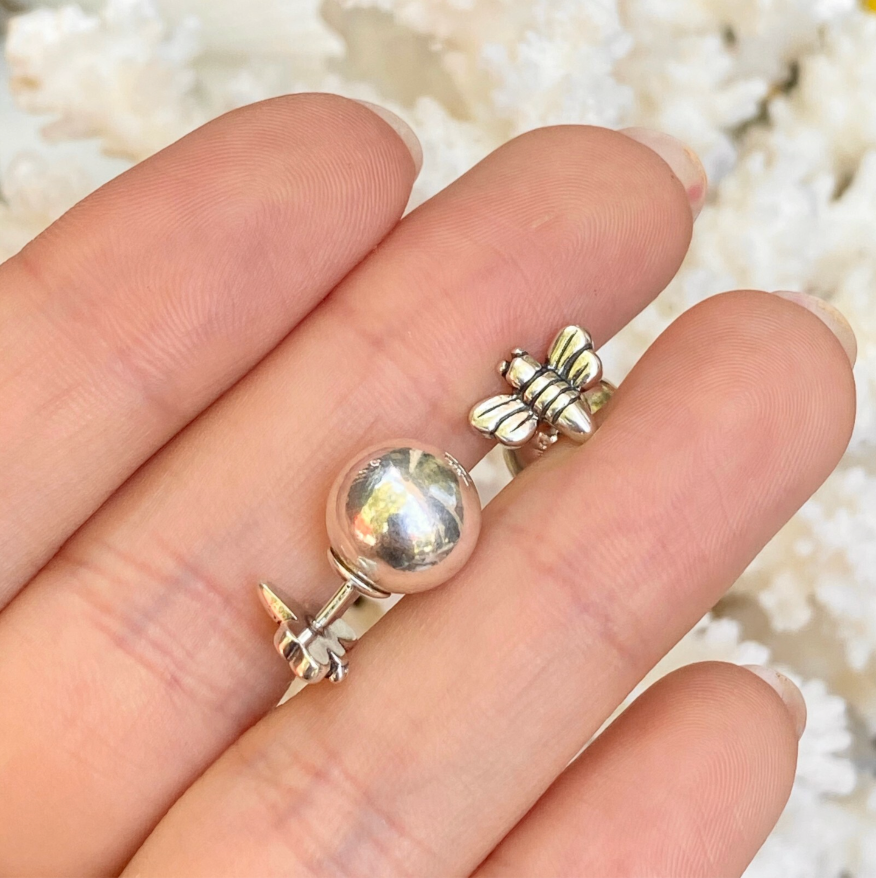 Sterling Silver Polished Double-Ended Bumble Bee & Ball Earrings Front Back