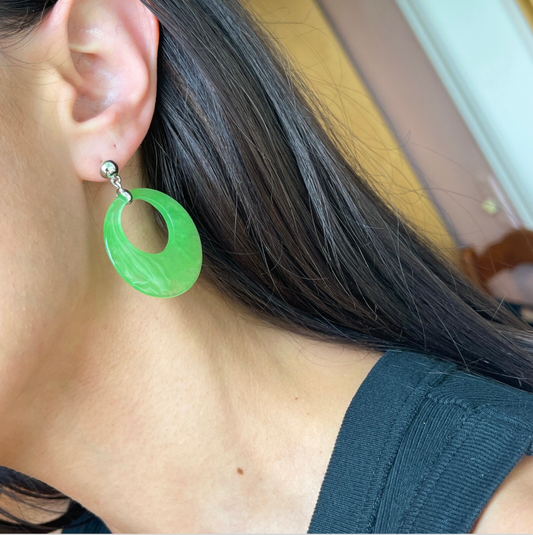 Sterling Silver Large Donut Round Pale Green Jade Gemstone Post Dangle Earrings