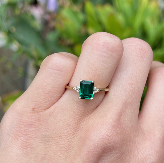 14KT Yellow Gold Lab-Created Emerald-Cut Emerald + Diamond Ring