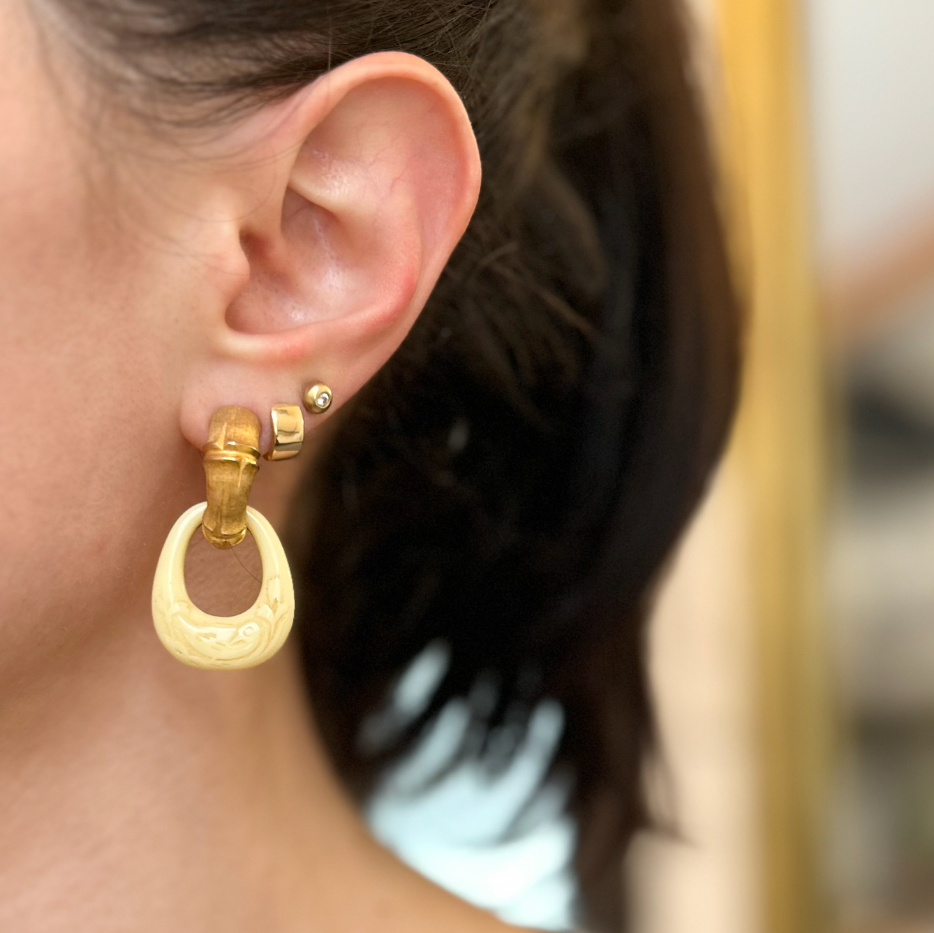 Estate Gold-Tone Bamboo Earrings + Plastic Carved Charms + Necklace Set