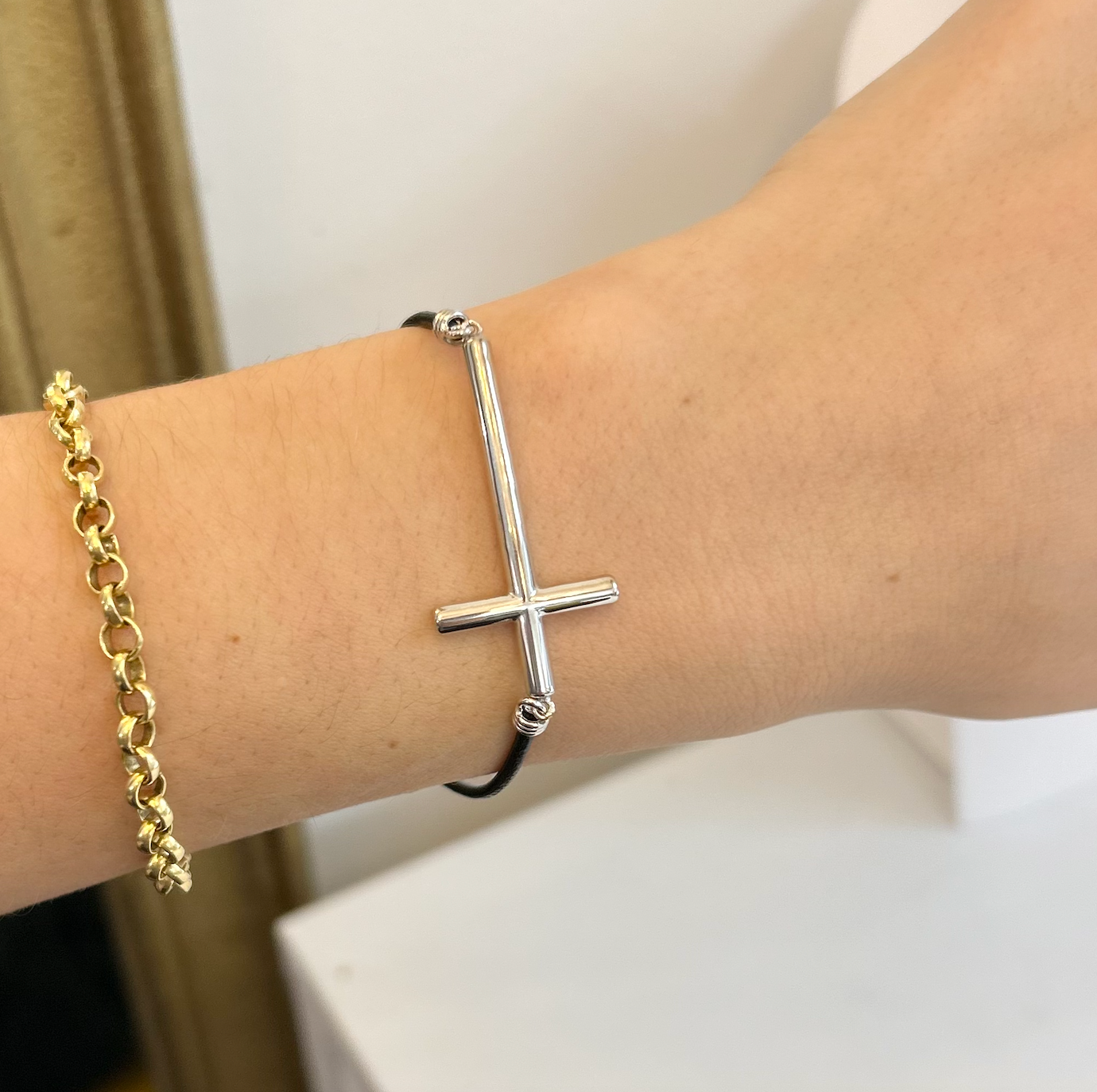 Sterling Silver Sideways Cross + Black Leather Strap Bracelet 7.5"