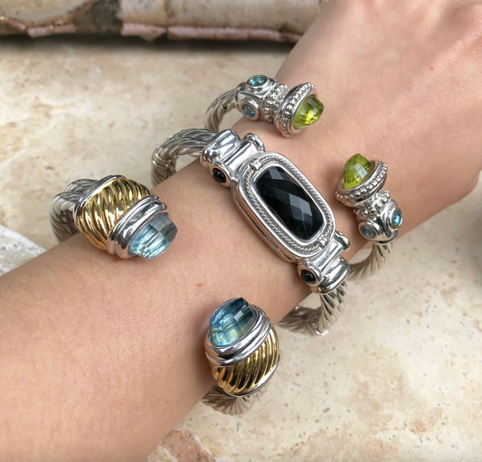 Estate 14KT White Gold Cabochon Onyx Cable Twist Bangle Bracelet