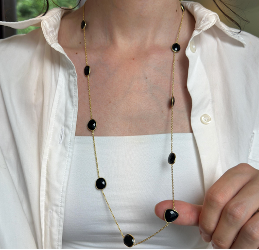 Sterling Silver Yellow Gold-Plated Black Onyx Cable Link Station Necklace